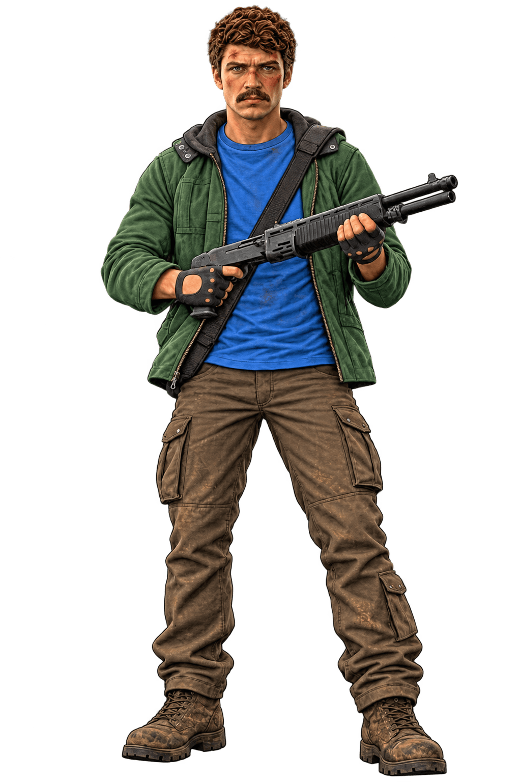 Curly-haired survivor in a green jacket and blue shirt, holding a shotgun.