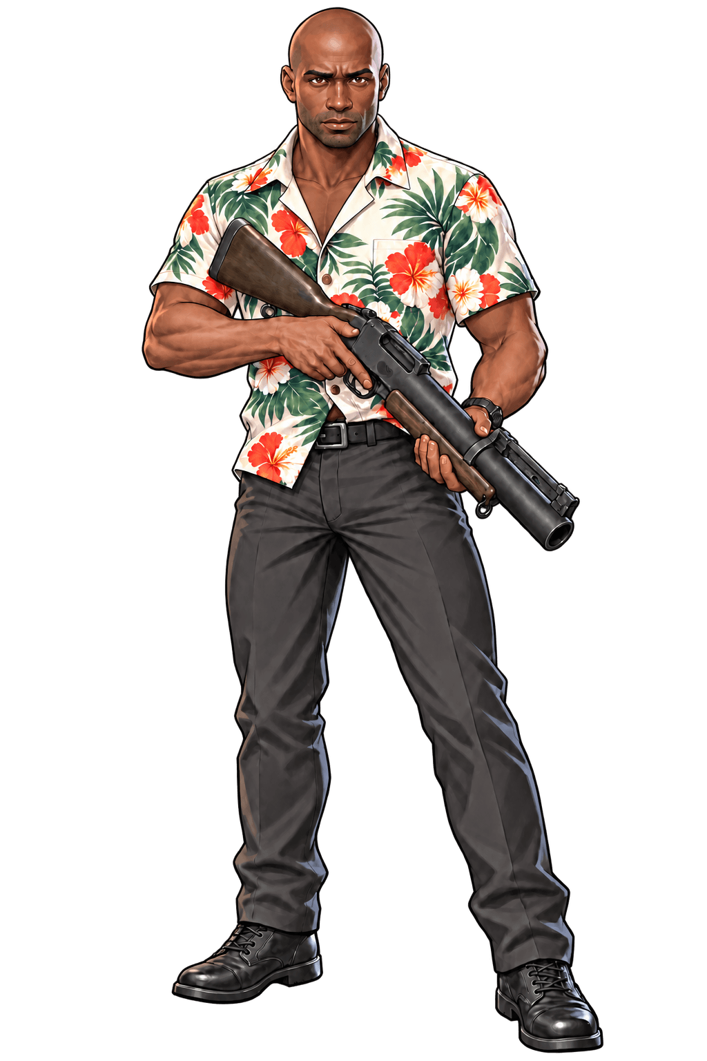 Bald survivor in a floral shirt and grey trousers, holding a shotgun.
