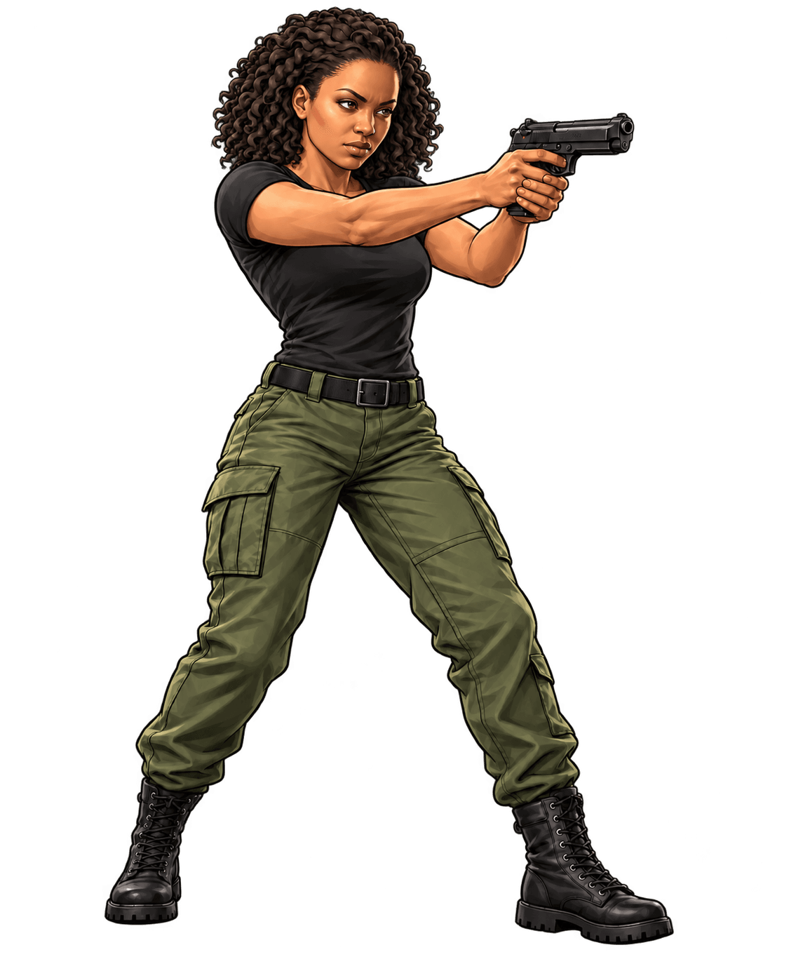 Curly-haired survivor in a black shirt and green cargo pants, aiming a pistol.