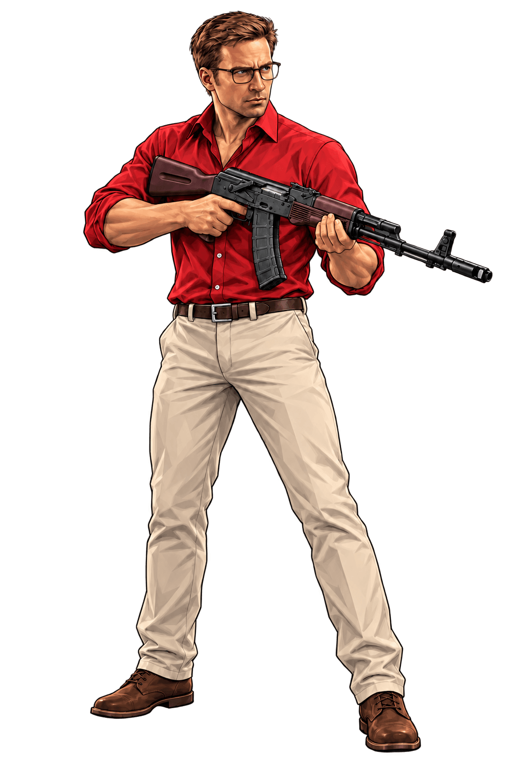 Survivor in glasses and a red shirt, holding a rifle.