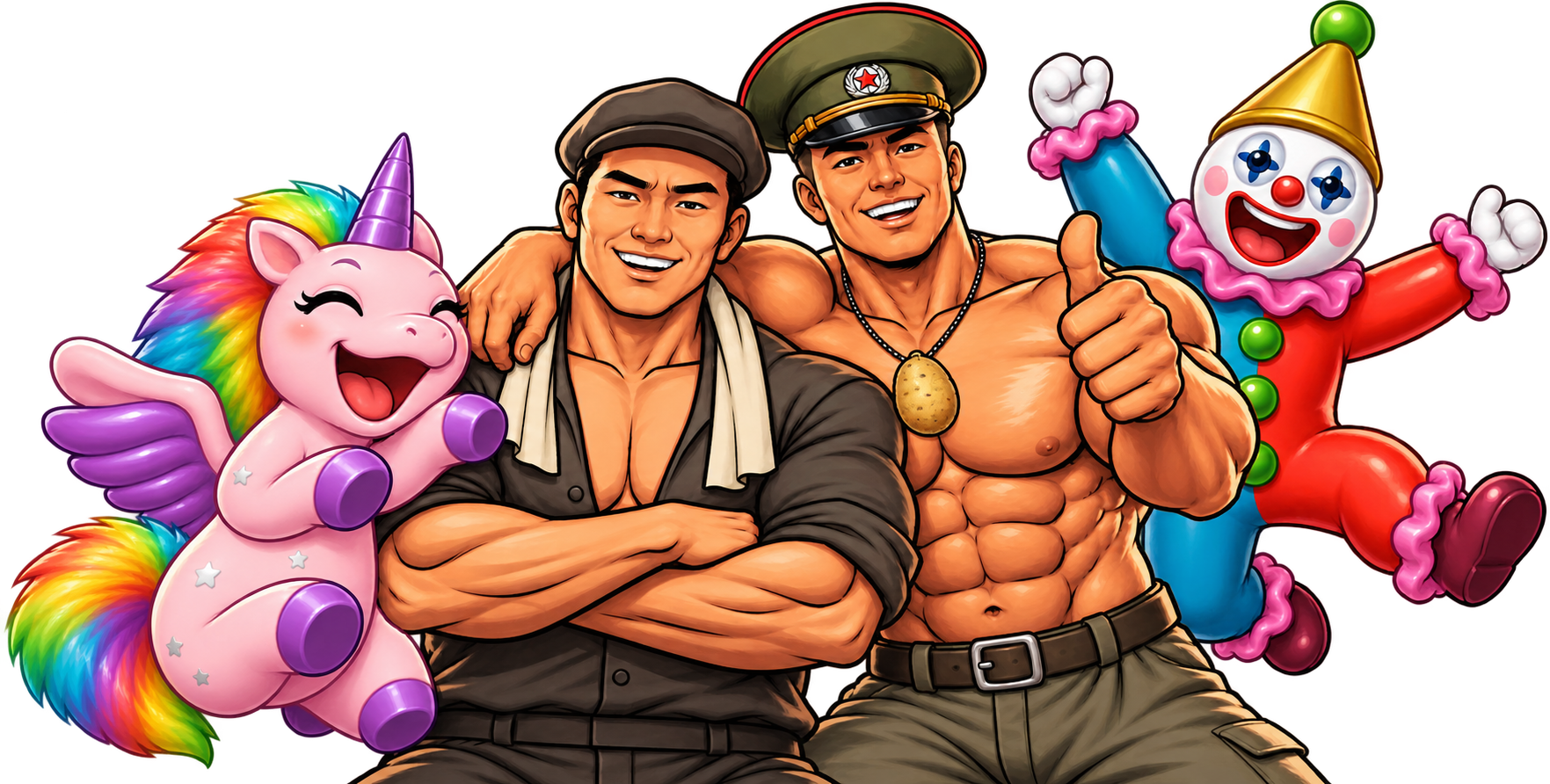 A pink rainbow unicorn, a man in a black shirt and cap, a muscular man in a military cap, and a red-and-blue clown